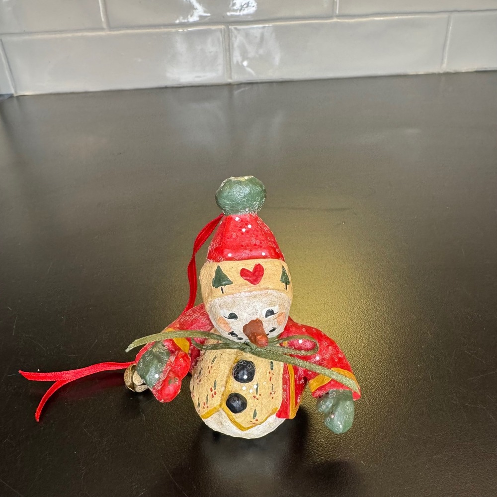 Snowman Christmas Ornament Small Red Folk Art Rustic Jingle Bell Decor